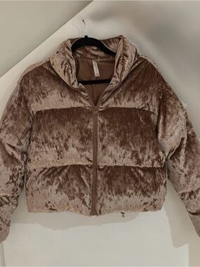 Fabletics Plush Velvet Puffer Jacket - Taupe Brown